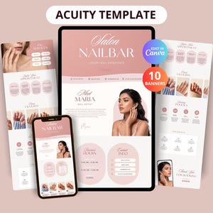 Könnte beinhalten: Eine digitale Acuity-Vorlage für ein Nagelstudio in zartem Rosa und Weiß. Das Design enthält Abschnitte für Dienstleistungen, Terminrichtlinien, Geschäftszeiten, Kontaktinformationen und ein professionelles Profil für eine Nageldesignerin.