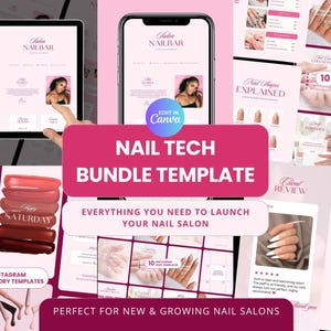 May include: A digital marketing bundle template for nail salons featuring various social media layouts, including Instagram story templates, nail shape guides, and client review cards, all displayed on tablet and smartphone screens in pink.