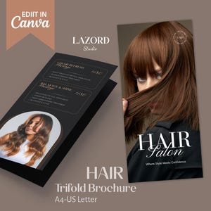 Brochure à trois volets pour salon de coiffure, modèle de brochure esthéticienne, modèle de menu flyer coiffeur, brochure cheveux, modèle de toile, service de salon de coiffure