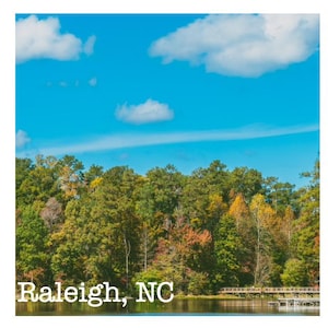 May include: A scenic view of a lake with a forest in the background. The sky is blue with white clouds. The text "Raleigh, NC" is at the bottom of the image.