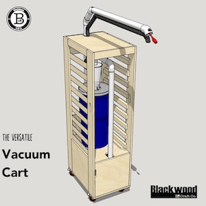 May include: A wooden vacuum cart with a blue cylindrical container inside. The cart has angled slats on the sides and a flexible hose extending from the top. The text "The Versatile Vacuum Cart" is displayed on the side.