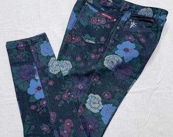 1980’s Floral Print Denim Jeans, Junior Size 11,