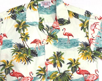 Vtg 90’s Hawaiian Shirt Mens Sz M Pale Green Cotton Pink Flamingos Aloha Made in USA