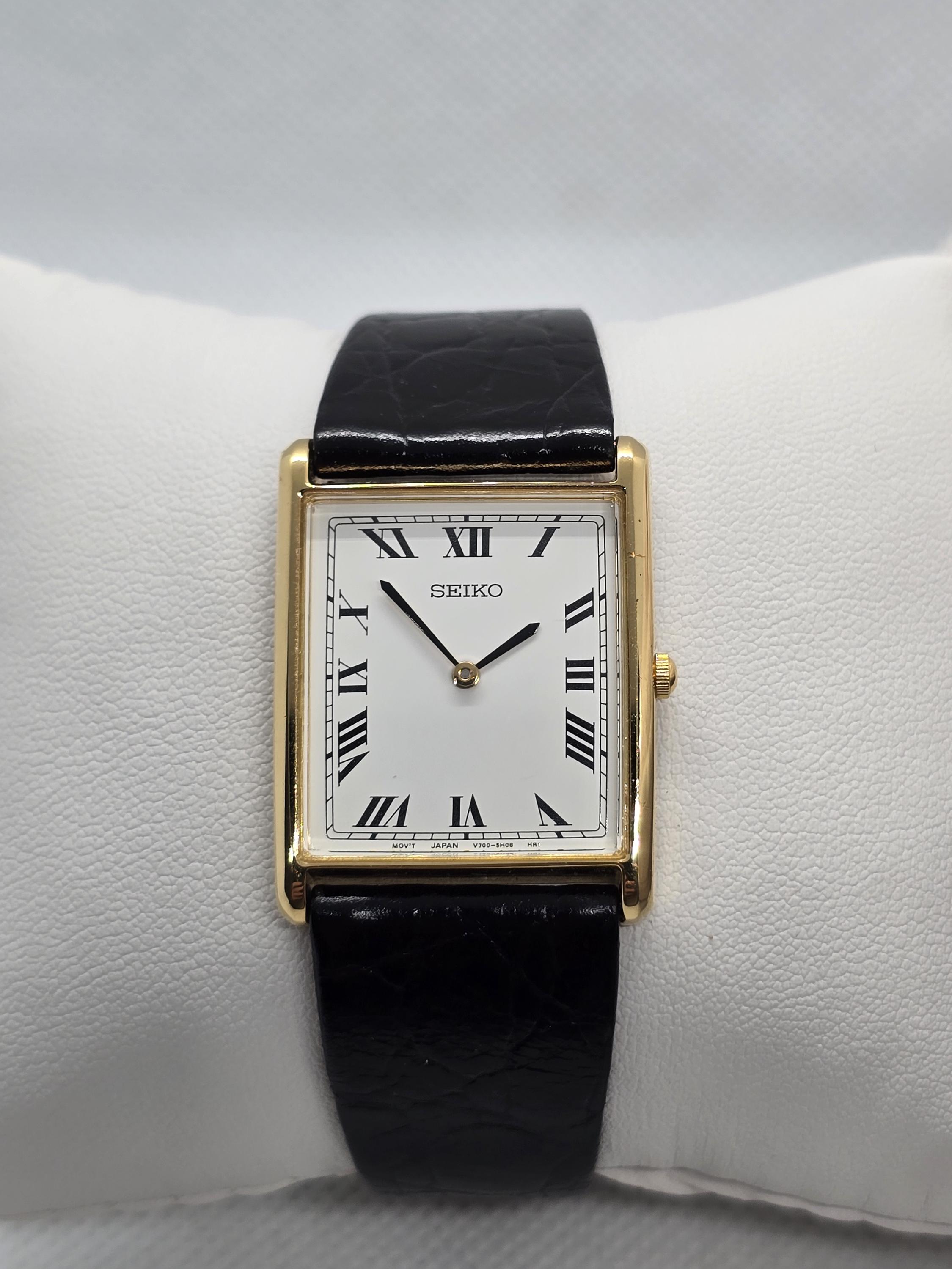 Vintage Seiko Tank Watch 25mm Gold Tone Roman Numeral Dial Classic