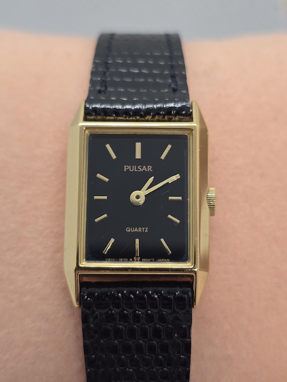 Vintage Pulsar Quartz Watch Gold & Black Rectangular Women's Small