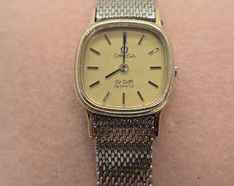 Vintage Omega De Ville Ladies Watch Gold Quartz Swiss Watch with Mesh Band Elegant 1980s Luxury Timepiece Push Crown Petite Watch Small