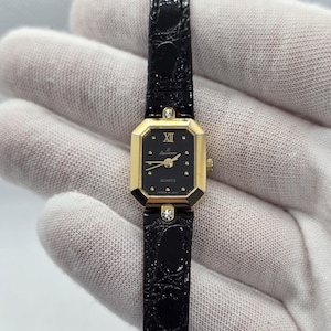 Vintage LAUSANNE French Watch for Women Gold Tone Watch Black Dial Leather Strap Ladies Watch Elegant Classy Watch Small Dainty Watch Formal