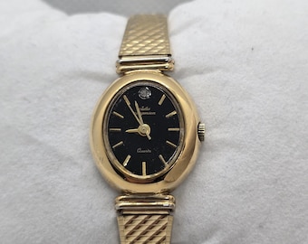Vintage Jules Jurgensen Women’s Quartz Watch | Gold Tone Oval Case | Black Dial Elegant Ladies Dress Watch | Collectible Retro Jewelry Gift