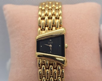 Rare Vintage Seiko Rivoli Asymmetrical Trapezoid Quartz Watch Black Dial Gold Tone 4N00-2121 Adjustable Bracelet Near Mint Women&#39;s Watch