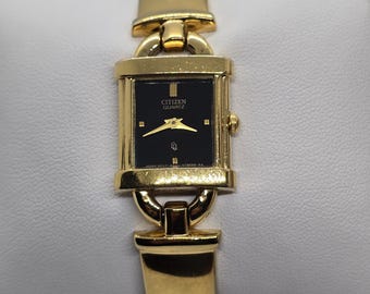 Vintage des années 1980 Citizen dames or montre tank style manchette montre bracelet cadran noir montre petite montre rétro des années 80 robe montre cadeau pour elle
