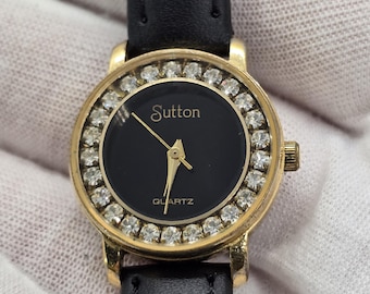 Rhinestone Watch: Gold Tone, Black Leather Strap, Dainty Crystal Design