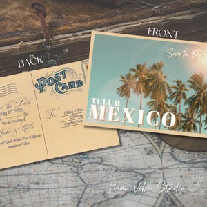 May include: A set of vintage-style postcards with a tropical theme. The front shows palm trees and the text "Tulum Mexico" and "Save the Date!". The back has text for a wedding announcement.