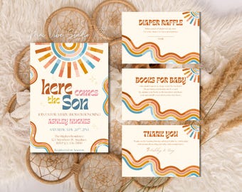 Può includere: Un invito a un baby shower con un designo retrò a forma di sole in tonalità arancio, rosa, blu e marrone. Il testo recita "Here comes the Son" e include i dettagli dell'evento, tra cui la data, l'ora e il luogo.