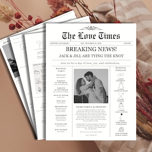 以下が含まれることがあります： 「The Love Times」という見出しの、新聞スタイルの結婚式の告知。メインの見出しは「速報！ジャックとジルが結婚」と書かれています。結婚式のパーティーの詳細とタイムラインが含まれています。