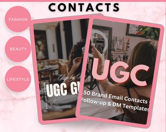 Könnte beinhalten: Zwei rosa und weiße Karten mit dem Text "UGC" und "50 Brand Email Contacts Follow-up & DM Templates" darauf. Die Karten befinden sich vor einer Frau, die ein Telefon und ein Ringlicht hält.