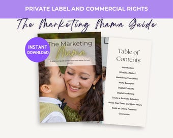 Puede incluir: Una guía de marketing digital para mamás ocupadas titulada "The Marketing Mama Guide". La portada presenta una foto de una madre y un niño, con una tabla de contenido que enumera temas como "¿Qué es un nicho?" y "Crea un horario realista".