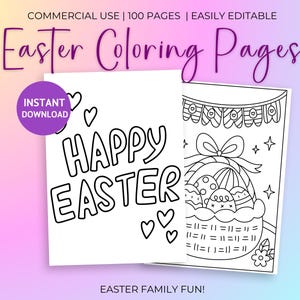 May include: Black and white printable coloring pages featuring Easter themed illustrations. One page says "Happy Easter" with hearts and the other page shows an Easter basket with eggs and a banner.