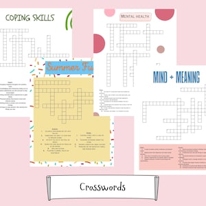 Może przedstawiać: Zbiór krzyżówek o różnych motywach, w tym "Coping Skills", "Mental Health", "Mind + Meaning" i "Summer Fun". Zagadki są wydrukowane na białym papierze z kolorowymi akcentami i tekstem. Słowo "Crosswords" jest napisane na dole.