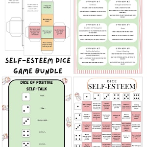 Op de afbeelding: Een zelfbeeld-dobbelspelbundel met printbare sjablonen voor papieren dobbelstenen en werkbladen. De pagina's bevatten prompts voor zelfreflectie en positieve zelfpraat, met teksten zoals Dice of Self-Esteem en Dice of Positive Self-Talk.
