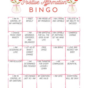 Tarjetas de bingo de afirmaciones positivas: 10 afirmaciones positivas, positividad, salud mental, actividad grupal de TCD, cuidado personal, desarrollo de la autoestima