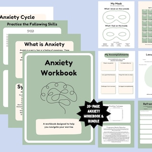 Puede incluir: Un libro de trabajo de ansiedad imprimible verde y blanco con una ilustración de cerebro y el texto "Anxiety Workbook". El libro de trabajo incluye secciones sobre ciclos de ansiedad, autocuidado y replanteamiento de pensamientos.
