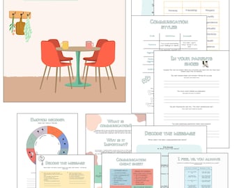 May include: A workbook titled "TALK IT OUT" designed to help teens and parents communicate. The cover features a teal sign with the title, a table with two orange chairs, and several pages with worksheets on communication, emotions, and values.