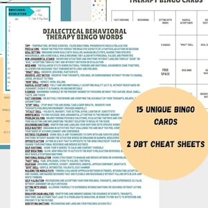 Cartões de Bingo DBT - Folha de Dicas e Lista de Palavras DBT - Atividades de Terapia de Grupo - Atenção Plena, Regulação Emocional, Eficácia Interpessoal