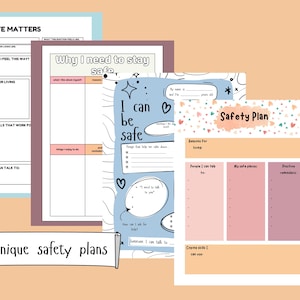 May include: A set of printable safety plan worksheets with colorful backgrounds and illustrations. The worksheets include prompts for identifying coping skills, safe places, and positive reminders. The text on the worksheets includes "My Life Matters", "Why I need to stay safe", "I can be safe", and "Safety Plan".