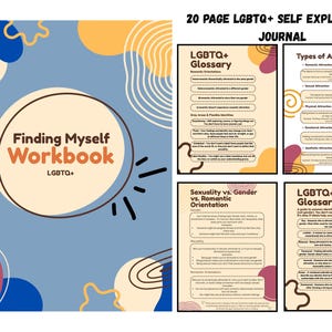 May include: A workbook labelled "Finding Myself" with the LGBTQ+ tag, set against a blue backdrop with abstract shapes. The image also includes pages from a self-exploration journal with the text "20 PAGE LGBTQ+ SELF EXPLORATION JOURNAL".