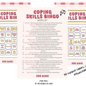 Bingo met copingvaardigheden voor jonge kinderen (6-12 jaar), 10 bingokaarten inbegrepen met 24 copingvaardigheden voor kinderen! Groepstherapie, thuisschool, enz.