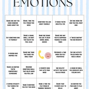May include: A self-reflection bingo card in blue and white, titled "Sharing Emotions". The card features prompts such as "Share one way you know someone cares about you" and "Name 3 emotions you felt this week".
