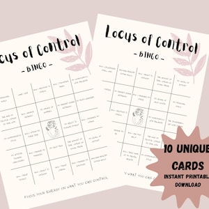 May include: Two printable bingo cards with the title "Locus of Control - Bingo" and a pink floral design. The cards feature a grid of 25 squares with statements about personal control and life balance.
