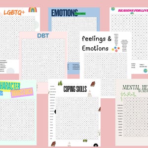 Puede incluir: Una colección de rompecabezas de búsqueda de palabras con varios temas, incluyendo LGBTQ+, Emociones, DBT, Habilidades de afrontamiento y Salud Mental. Cada rompecabezas presenta una cuadrícula de letras con palabras ocultas para encontrar. Los rompecabezas están en papel blanco con acentos coloridos.