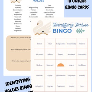 May include: A light blue and white worksheet with the text "Identifying Values Bingo & Worksheet". The worksheet includes a list of values and a bingo card with various values. The text "Circle Your Top 5 Values" is also present.