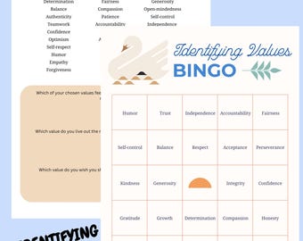 Identifying Values Bingo – Therapy Group Game, Reflection Worksheet (Printable)