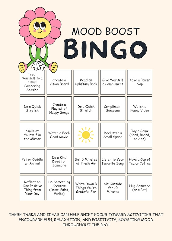 Mood Boost Bingo | Printable Self-Care Game for Positivity & Stress Relief | Well-Being Group Therapy Activity