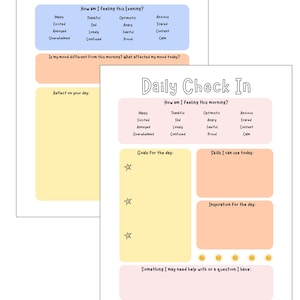 May include: Two printable sheets titled Daily Reflection and Daily Check In. Each sheet features sections for mood tracking with words like Happy, Sad, and Anxious, plus blank areas for goals, skills, and daily reflections with star icons.