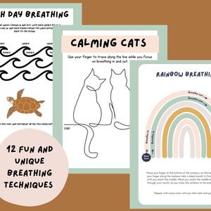 Könnte beinhalten: Eine Sammlung illustrierter Karten mit Atemübungen. Die Karten zeigen Illustrationen von Wellen, einer Schildkröte, Katzen und einem Regenbogen. Der Text enthält "Beach Day Breathing", "Calming Cats" und "Rainbow Breathing".
