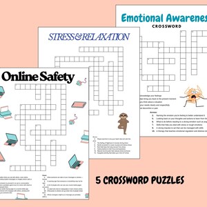 May include: A collection of five crossword puzzles on a light pink background. The puzzles cover topics like online safety, stress & relaxation, and emotional awareness. Each puzzle has a title and clues.