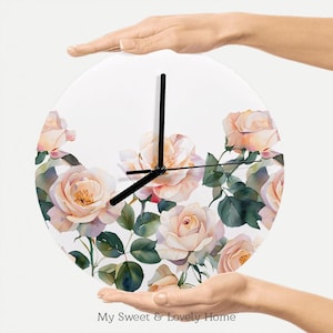Round Wall Clock Watercolor Blossom Roses, Elegant Design, Silent Non-Ticking Numberless Floral Clock | Wall Clock Floral