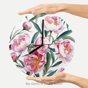 Round Wall Clock Blossom Pink White Peonies, Elegant Design, Silent Non-Ticking Numberless Floral Clock | Wall Clock Floral
