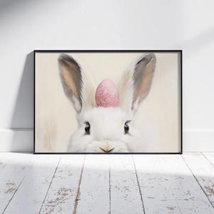White Bunny with Easter Egg Poster, Fine Art Poster, Easter Home Decor | Printed Art