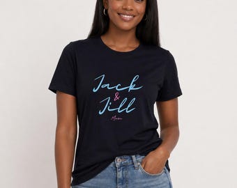 Jack en Jill Mom T-shirt – roze en blauw T-shirt met relaxte pasvorm