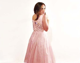 FREE SHIP 50s Organza Dress Pink Embroidery Prom Party Cotillion Small