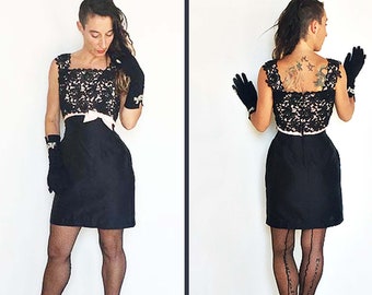 FREE SHIP 60s Cocktail Dress Black Lace Pink Bow