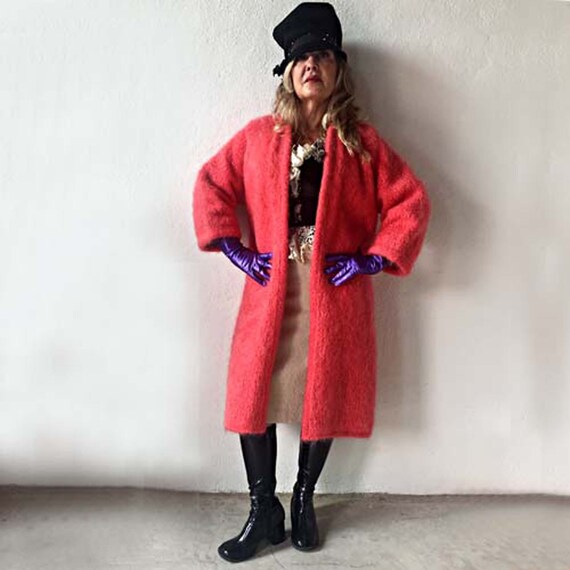 FREE SHIP 60s Mohair Sweater Coat Orange Jackie O