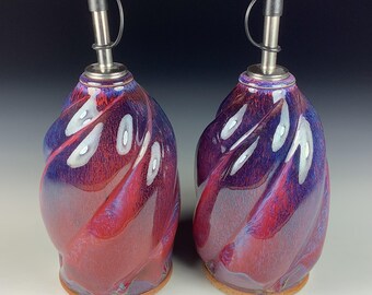 Handmade Ceramic Olive Oil Dispensers, Set of Two: Purple Red Twisty Stoneware Cruet