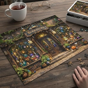 May include: A partially completed jigsaw puzzle depicting a bookstore with the word "BOOKSTORE" on the sign. The puzzle is on a wooden table, with a white mug of tea, glasses, and a puzzle box. The scene includes a fireplace.