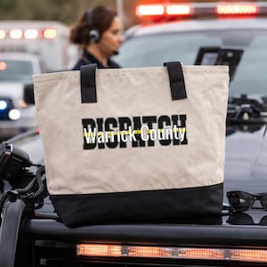 May include: A beige tote bag with black handles and a black bottom panel. The bag displays the text "DISPATCH Warrick County" in black block letters with a yellow stripe. Sunglasses rest on the vehicle's hood.