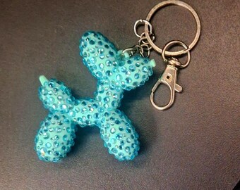 Bedazzled Balloon Dog Keychain, Blue/Green Dog with Aqua Stones